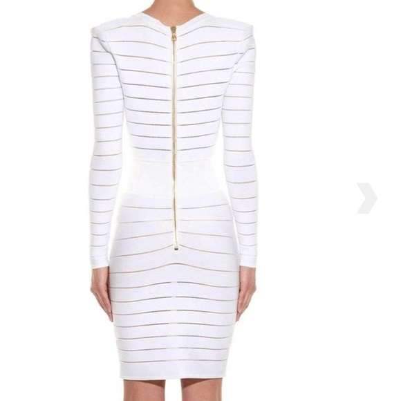 Balmain Deep V-Neck White Cocktail Knit Dress - Picture 2 of 6
